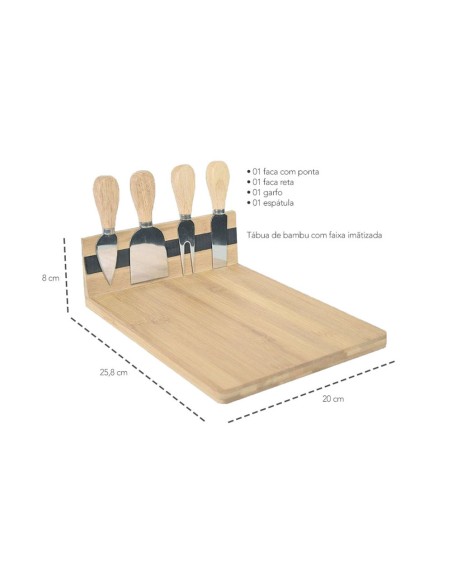 Tabua e Facas para Queijos Frios Bambu Organico Natural 5un