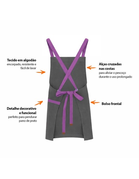 Avental Cinza Alça Cruzada Roxo Restaurante Bar Artesanato