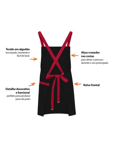Avental Preto Alça Cruzada Vermelho Cafeteria Bar