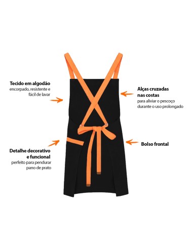 Avental Preto Alça Cruzada Laranja Cafeteria...