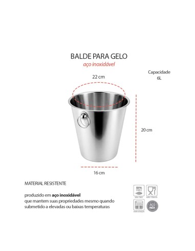 Balde de Gelo Garrafas Aço Inox Grande 6L Bar...