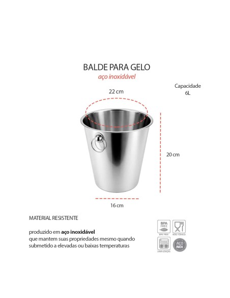 Balde de Gelo Garrafas Aço Inox Grande 6L Bar Restaurante