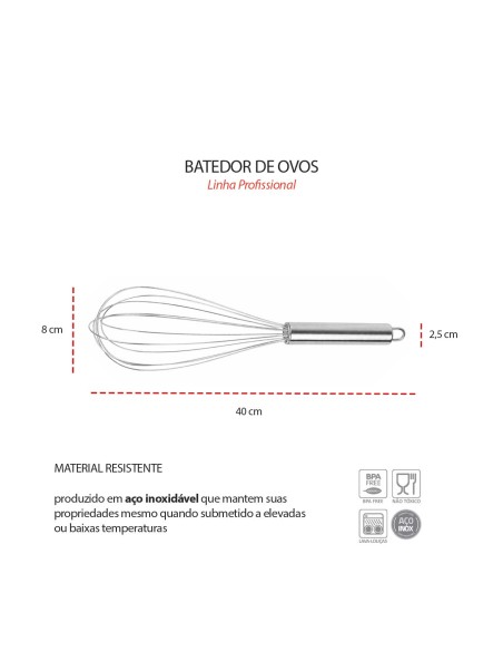 Batedor de Ovos Clara Manual Fouet Inox Grande Profissional 40cm