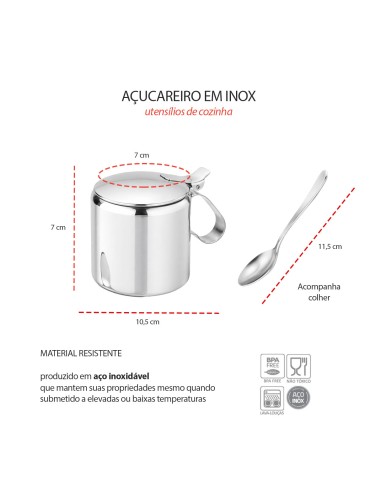 Açucareiro de Inox e Colher Porta Açucar 300gr...