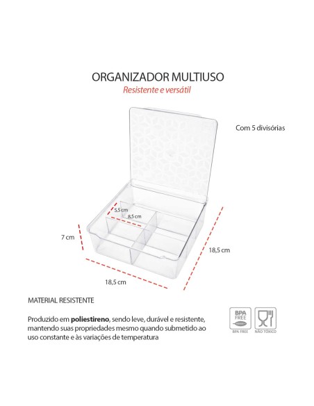 Caixa Organizadora Multiuso 5 Divisorias Tampa Transparente