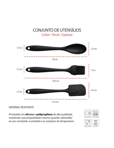 Colher Espatula e Pincel Silicone Preto...