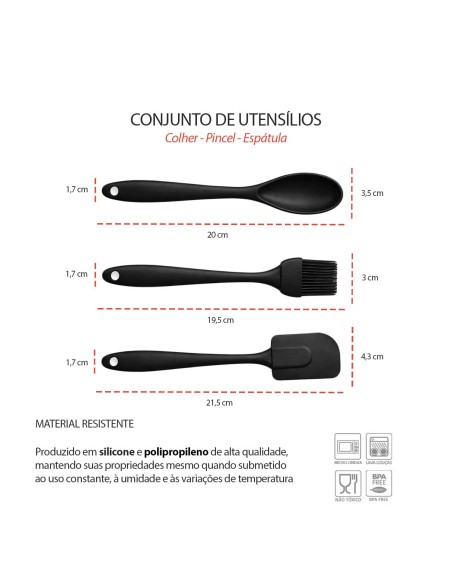 Colher Espatula e Pincel Silicone Preto Confeitaria 3un