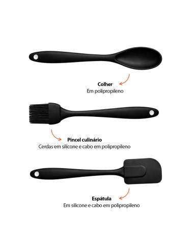 Colher Espatula e Pincel Silicone Preto...