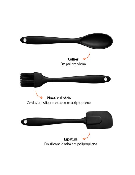Colher Espatula e Pincel Silicone Preto Confeitaria 3un