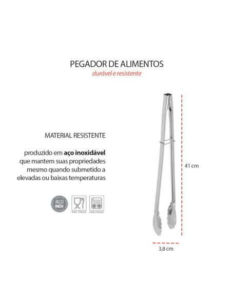 Pegador Alimentos Inox Pinça Profissional Grande Longo 41cm