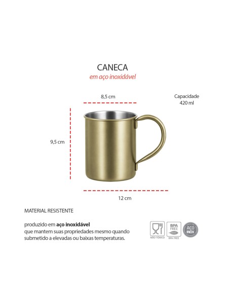 Caneca Moscow Mule Aço Inox Dourado Velho 420ml Bar Drink