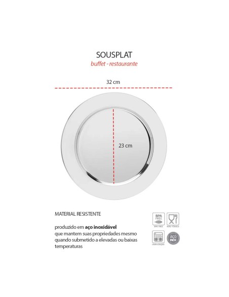 Sousplat Redondo Aço Inox Mesa Posta Buffet Restaurante 32cm