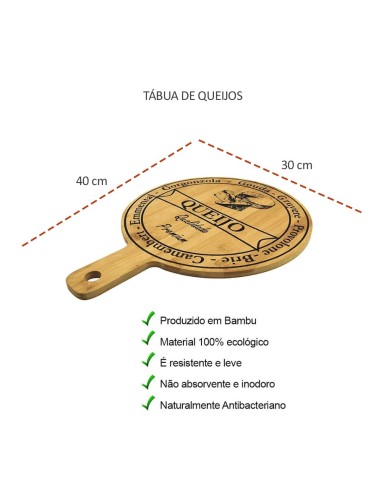 Tabua de Frios Queijos Redonda Bambu Decorada 40cm