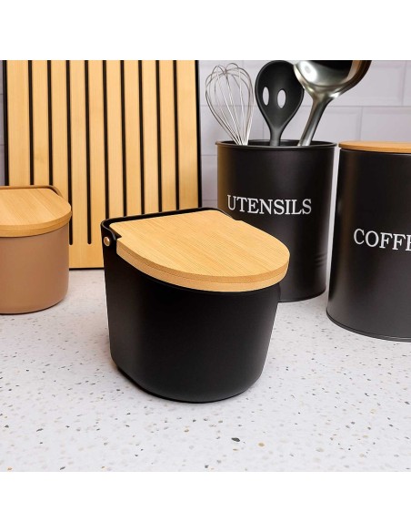 Saleiro e Açucareiro Preto com Tampa Bambu Porta Condimentos