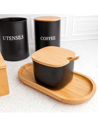 Saleiro e Açucareiro Preto com Tampa Bambu...