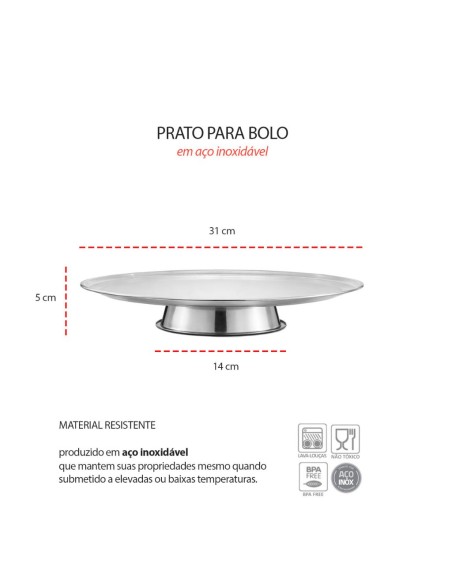Prato de Bolo com Base Inox Boleira Fruteira Servir 31cm