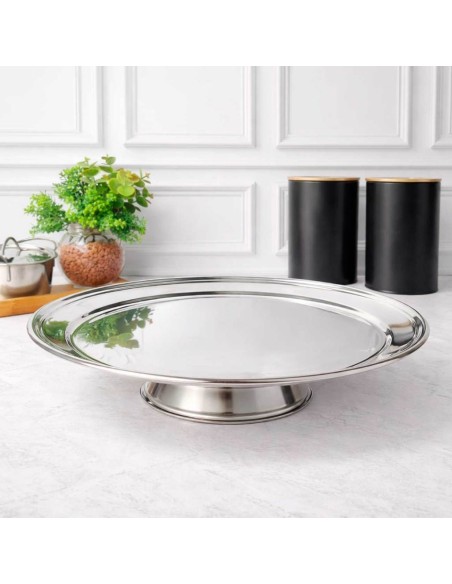 Prato de Bolo com Base Inox Boleira Fruteira Servir 31cm