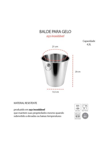 Balde de Gelo Garrafas Alça Inox Grande 4,5L...