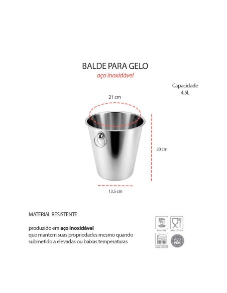 Balde de Gelo Garrafas Alça Inox Grande 4,5L Bar Restaurante