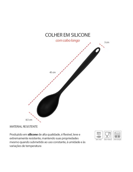 Colher Grande Preto Silicone Cabo Longo 45cm Profissional