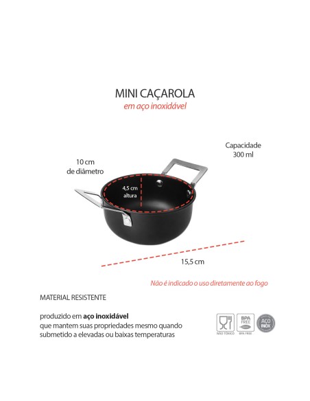 Caçarola Mini Alça Inox Preto Couvert Servir Entrada 10cm