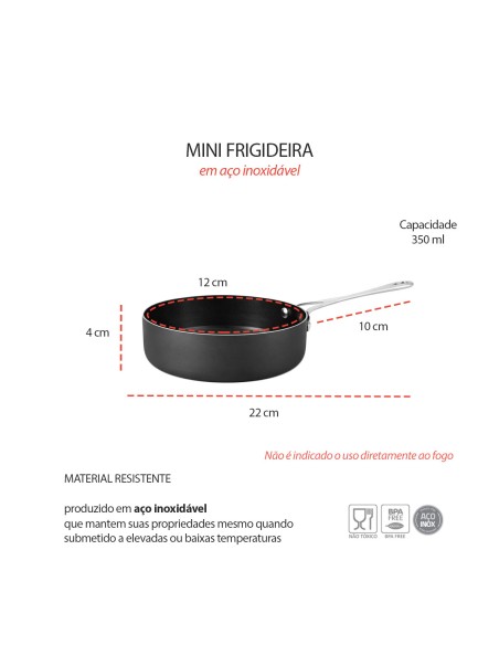 Frigideira Mini Cabo Inox Couvert Preto Servir Entrada Buffet 12cm
