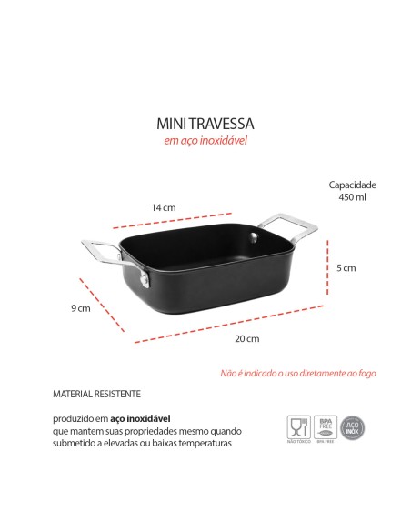Travessa Mini Alça Inox Couvert Preto Servir Entradas Buffet 14cm