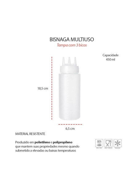 Bisnaga Transparente Tubo Molho 3 Bicos Medidor 450ml 4un
