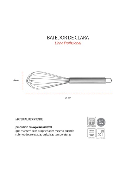 Batedor de Clara Ovo Manual Fouet Inox Cozinha Profissional