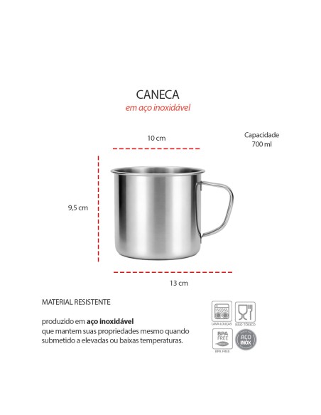 Caneca Grande Drinks Cafe Leite Cha Aço Inox Alça 700ml