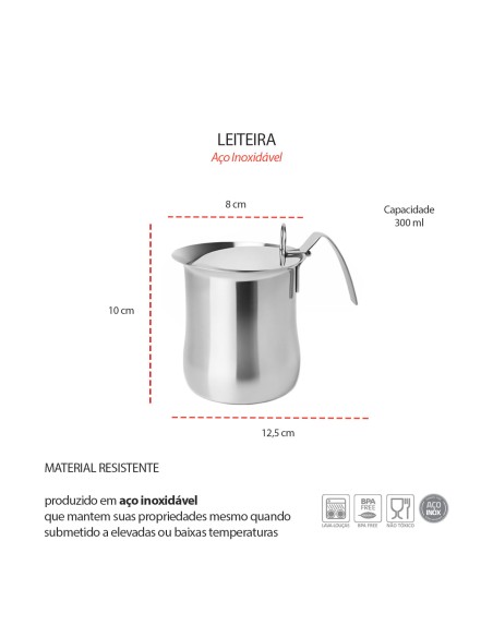 Leiteira Chaleira Bule Tampa Aço Inox Bar Cafeteria 300ml