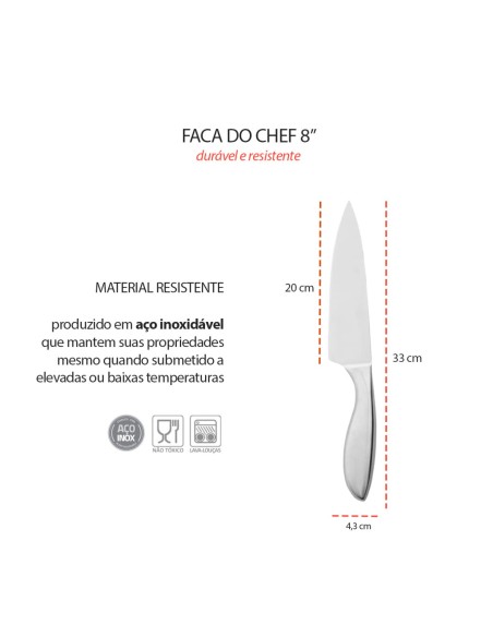 Faca do Chef Lamina 8" Cozinha Profissional Aço Inox