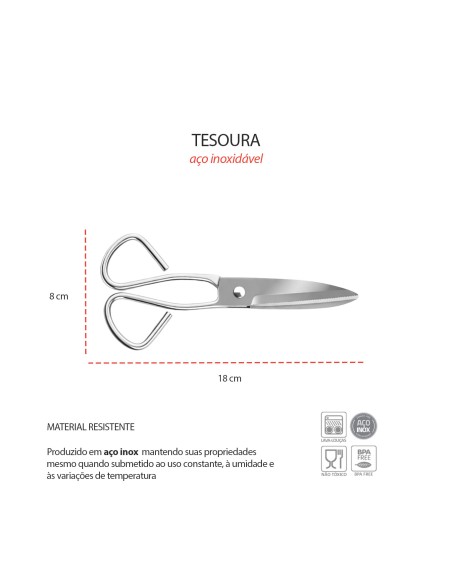 Tesoura de Cozinha Multiuso Carne Erva Tempero Aço Inox 18cm