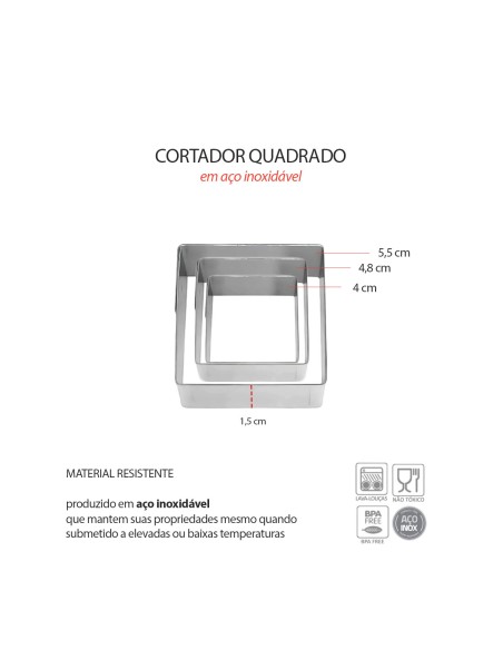 Cortador de Bolo Quadrado Forminha Molde Corte Aço Inox 3un