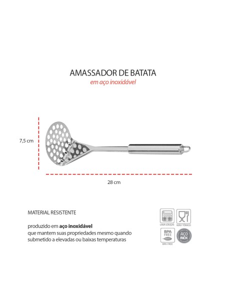 Amassador de Batatas e Legumes Espremedor Manual Inox 28cm