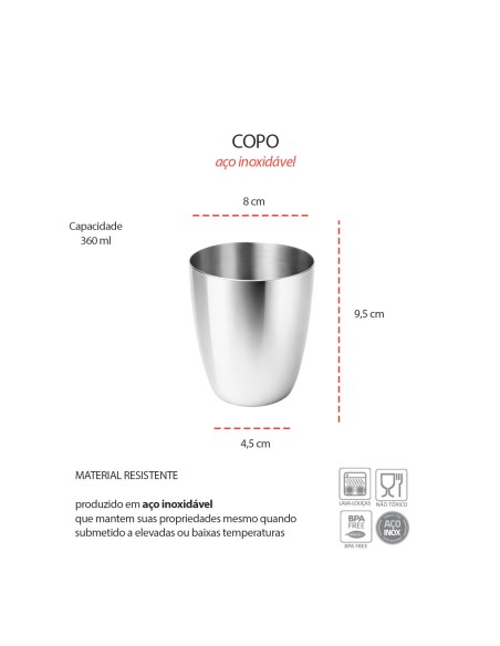 Copo Inox Drinks Coquetel Bar Buffet Agua Aço Brilho 360ml