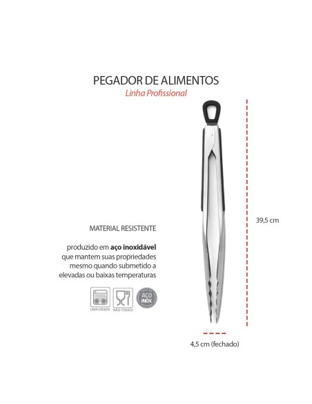 Pegador Pinça Alimentos Carne Grande Vazado Inox 39cm