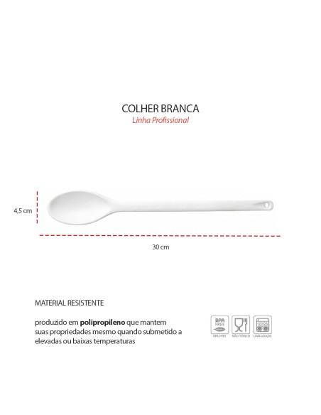 Colher Profissional Grande Branca Culinaria Cabo PP 30cm