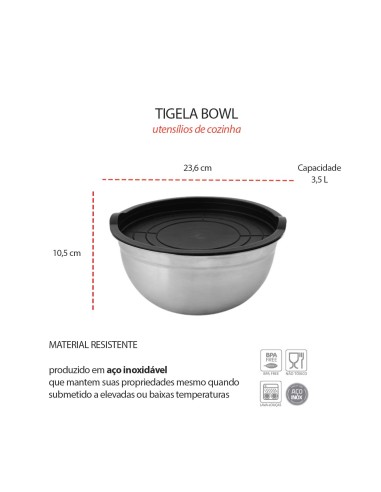 Tigela Bowl Aço Inox Tampa 3,5L Cozinha...