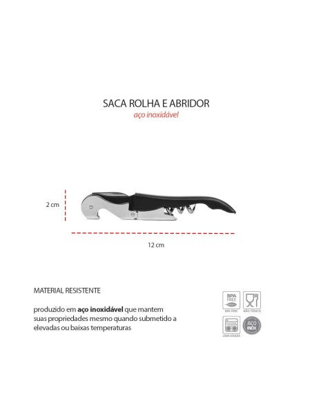Saca Rolha Abridor de Vinho Garrafa Inox Preto Bar Garçom