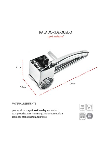Ralador de Queijo Inox Triturador Manual Giratorio Manivela