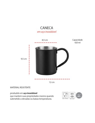 Caneca Moscow Mule Aço Inox Preta 420ml Bar...