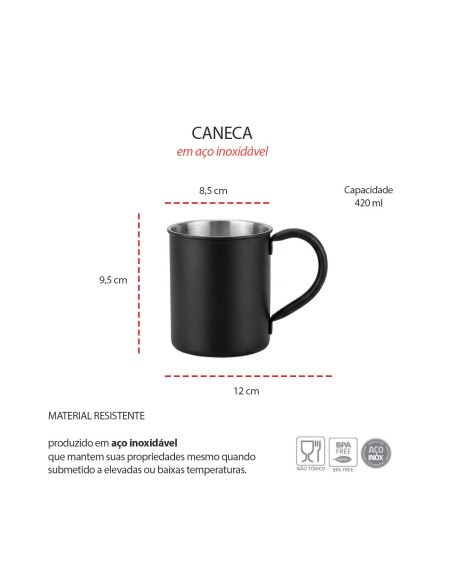 Caneca Moscow Mule Aço Inox Preta 420ml Bar Drink Coquetel