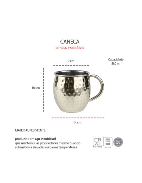 Caneca Moscow Mule Martelada Inox Dourado Velho 580ml Bar Drink