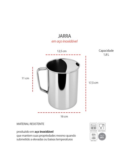 Jarra de Suco Agua Aço Inox Aparador Festa Bar Buffet 1,8L