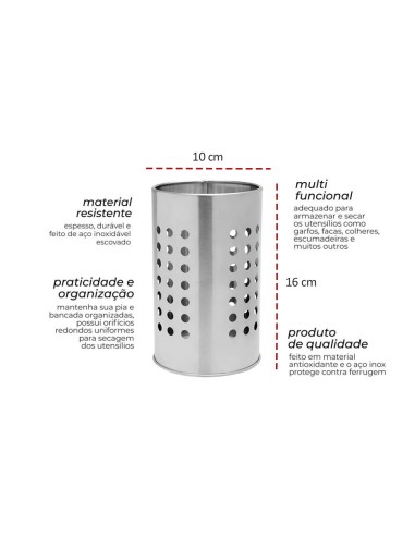 Porta Talheres Utensilios Suporte Aço Inox 1un