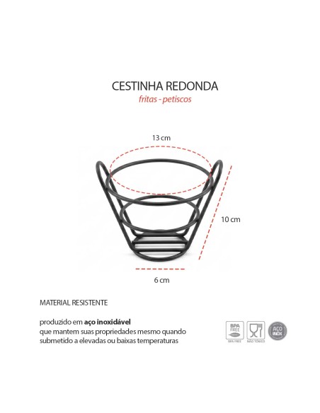 Cestinha Fritas Redondo Inox Preto Servir Petiscos Bar