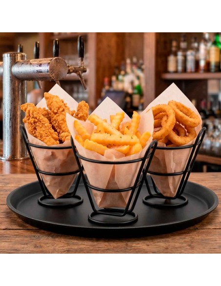 Cestinha Fritas Redondo Inox Preto Servir Petiscos Bar