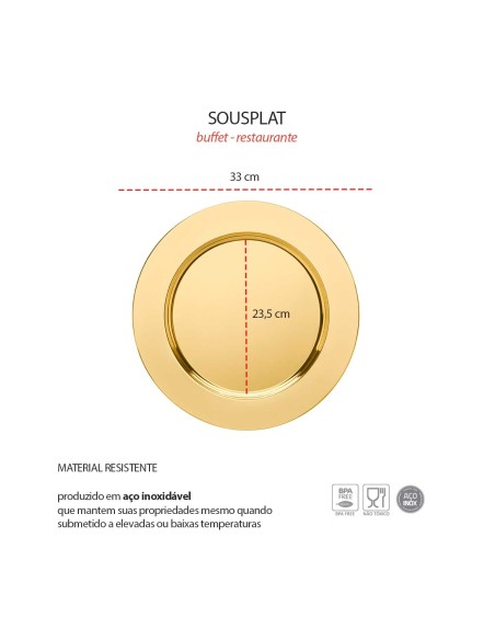 Sousplat Redondo Dourado Prato Inox Mesa Posta Buffet 6un