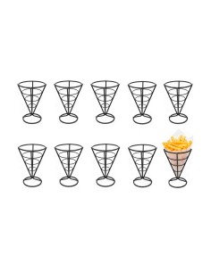 Suporte Cone Fritas Cestinha Inox Preto Servir Petisco 10un